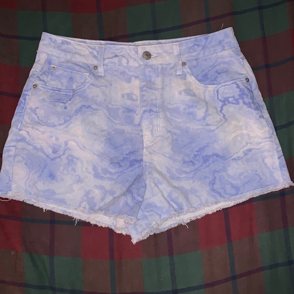 Blue and White Tie Dye High Waisted Jean Shorts Size 28
